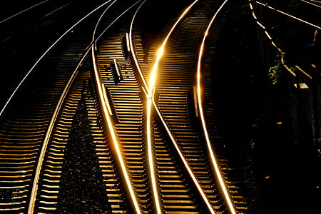 photo of stainless steel train tracks during sunset