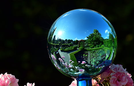 close-up photo of ball reflecting topiary