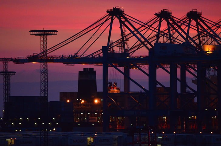 port, container port, industry, hafenanglage, sunset, sky