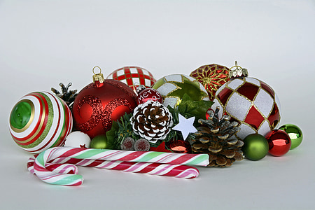 bauble, pine cone, and candy cane