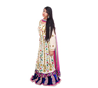 woman wearing white and multicolored paisley traditional Indian dress