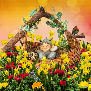 dwarf on basket field with flower illustration