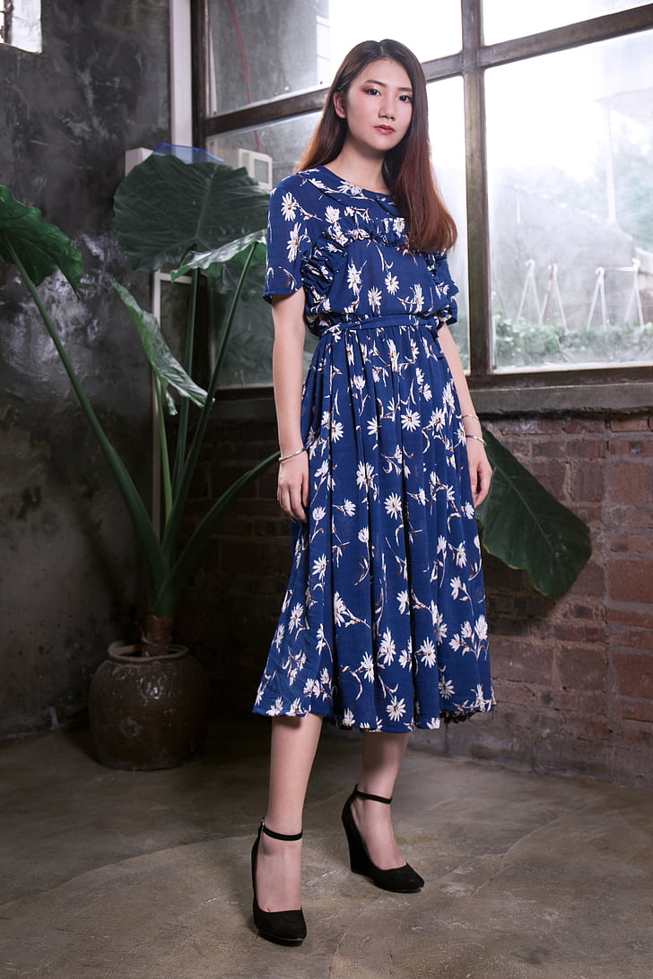 women's blue and white floral dress