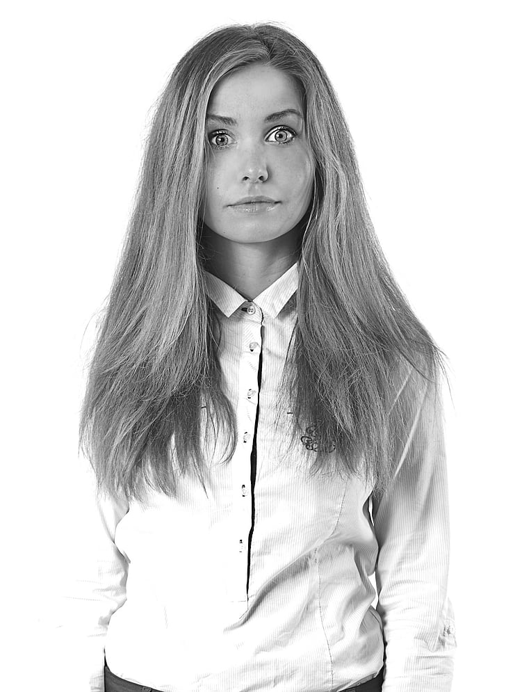 grayscale photo of woman in dress shirt