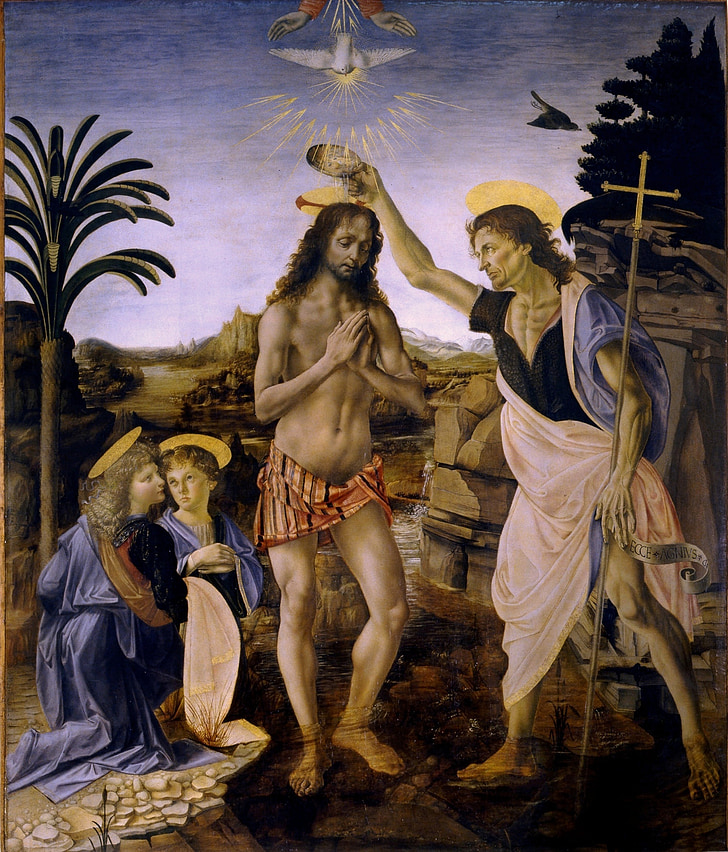 baptism of christ, leonardo de vinci, andrea del verrocchio, saint jean baptist, jesus, 1472-1475