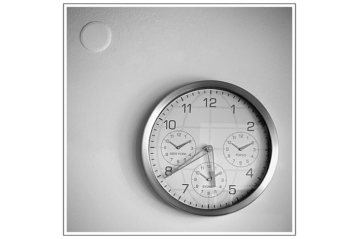 round grey metal chronograph wall clock displaying 5:39