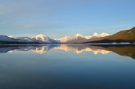 mountain covered with snow reflected on body of water under clear sky during daytime