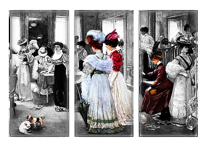 selective color of sketch woman wearing white and red dresses collage