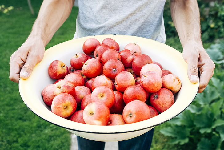 person carrying basin of apples