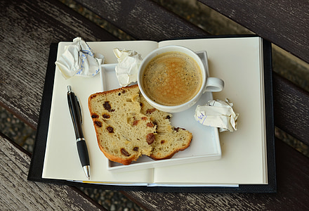 slice of bread with coffee on white book page