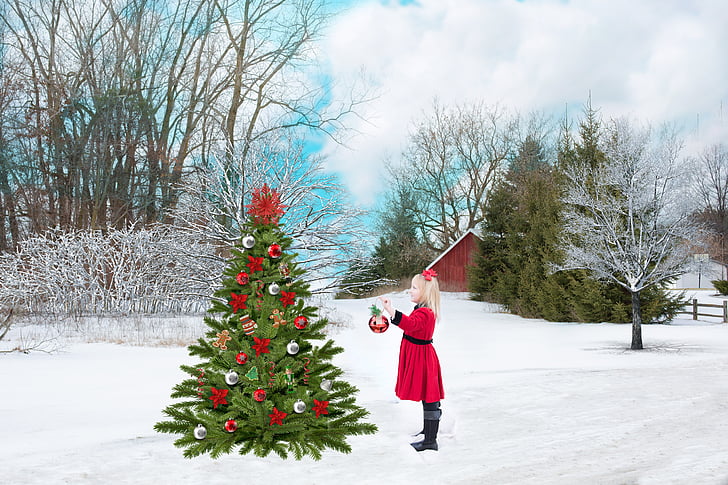 girl in red dress standing in front of Christmas tree