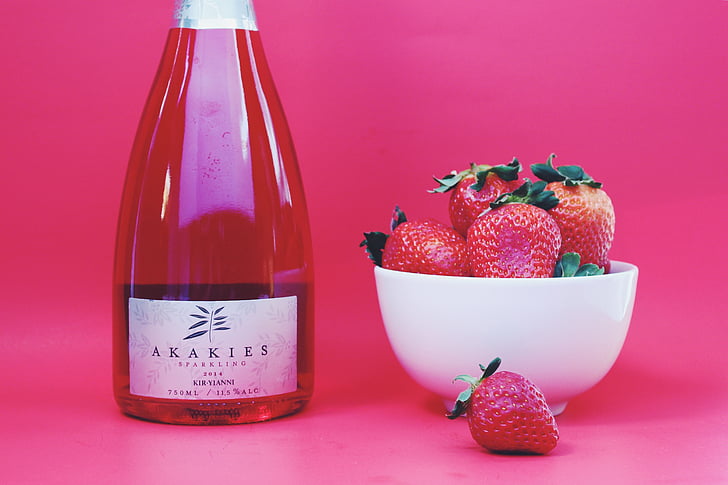 strawberry, strawberries, wine, wine bottle, sparkling rose, berries