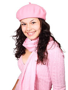 women's pink long-sleeved shirt and scarf with hat