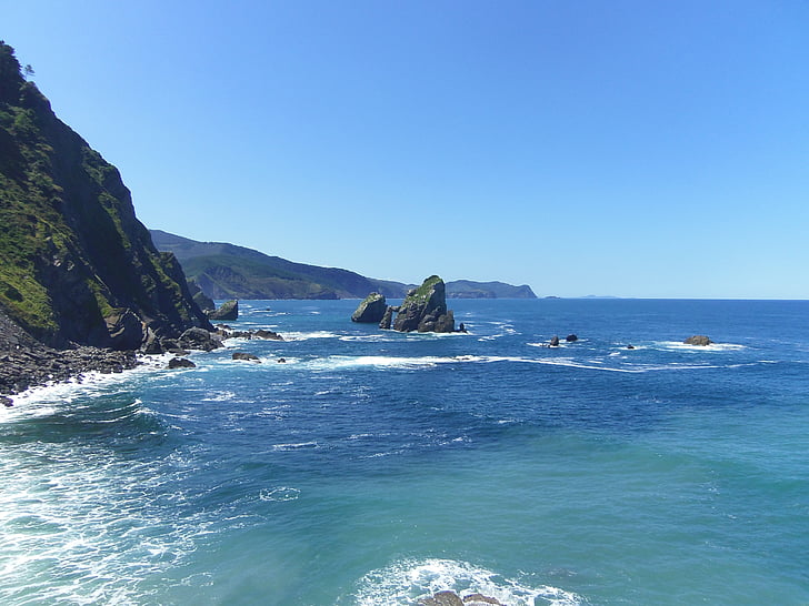 black coastal island in body of water near cliff under blue sky