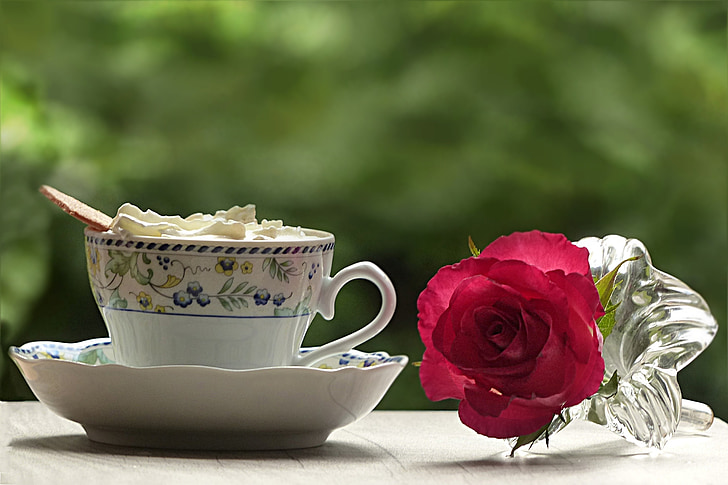 red rose near white and blue floral ceramic mug