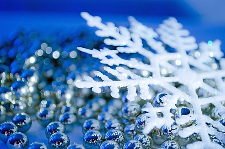 white and blue Christmas baubles and snow flake decors