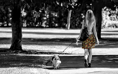 selective color photo of woman's skirt walking with her dog