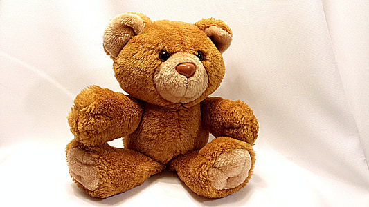 closeup photo of brown bear plush toy on white textile