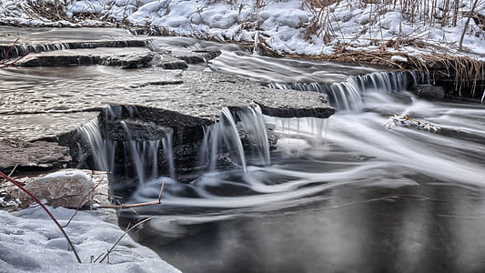 landscape photography of waterfalls surrounded by snow