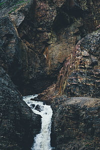 time-lapse photography of waterfalls surrounded with black and brown rock formations