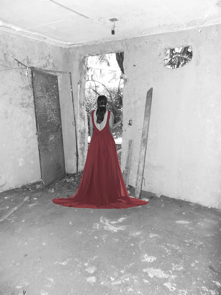 selective color of woman in red dress