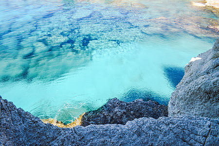 clear blue body of water beside gray rocky cliff