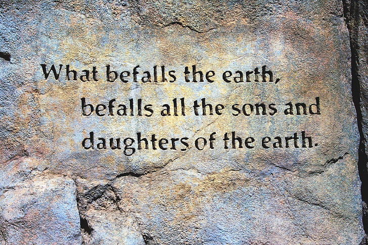 what befalls the earth. befalls all the sons and daughters of the earth. rock carved quote