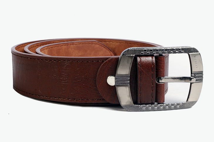 rolled silver buckle with brown leather belt