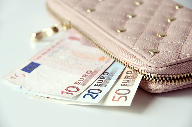 10, 20, and 50 Euro banknotes in pink wallet