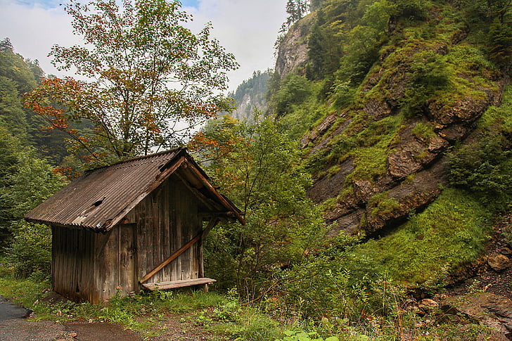 brown wooden shed near mountain cliff