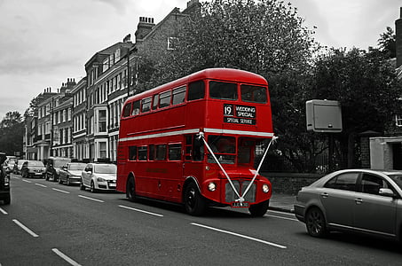 selective color photography of red double decker bus