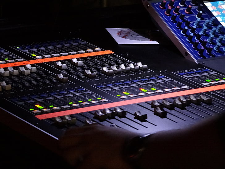 Studio mixing panel.Sound Mixer, Audio Mixer Slide. Music equipment blurred  background. Stock Photo