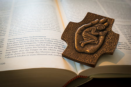 brown metal ornament on open book